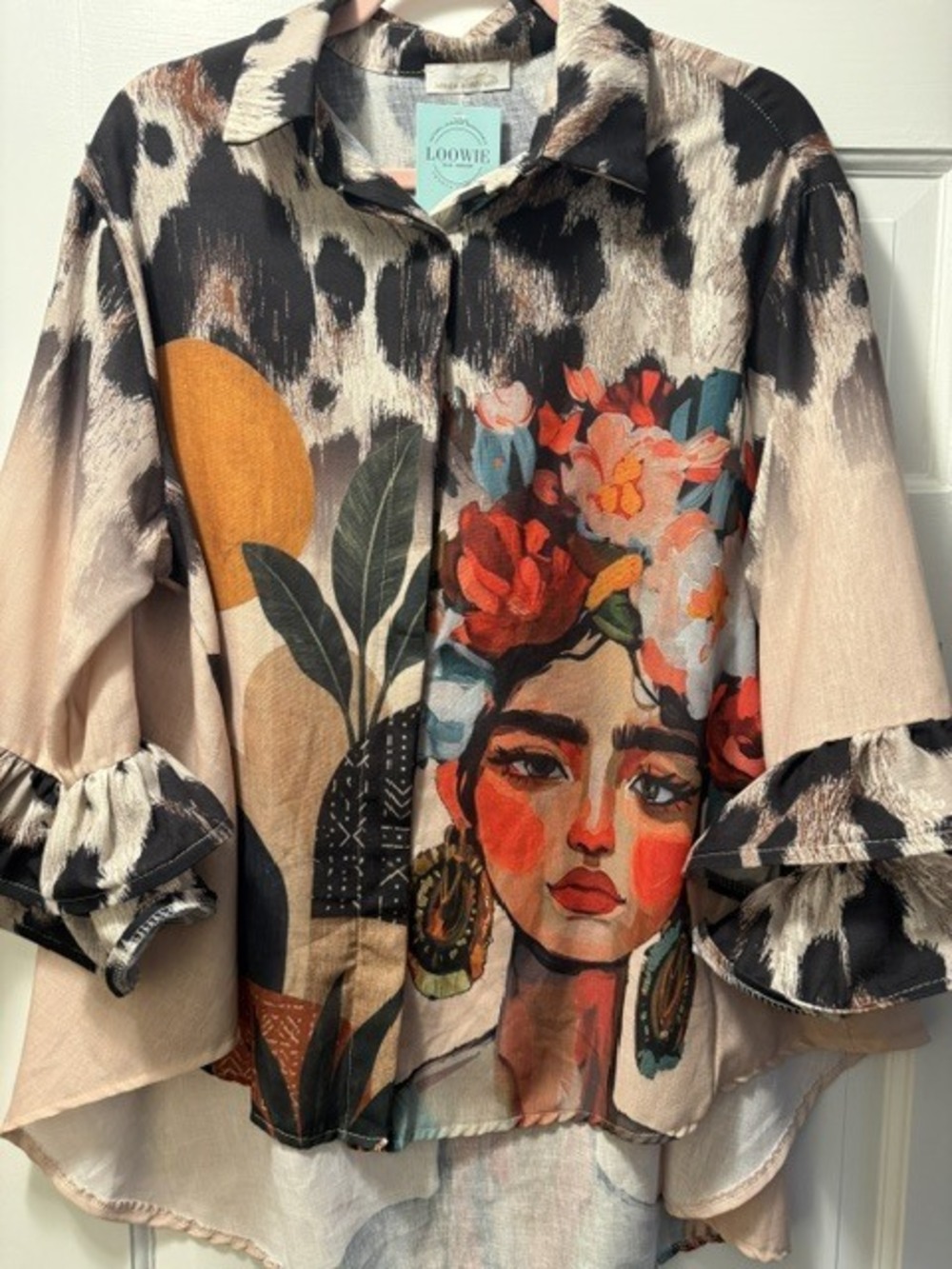 L767 | Loowie Leopard Frida Printed Shirt | Ruffled Sleeves | Beige | One Sz S-L